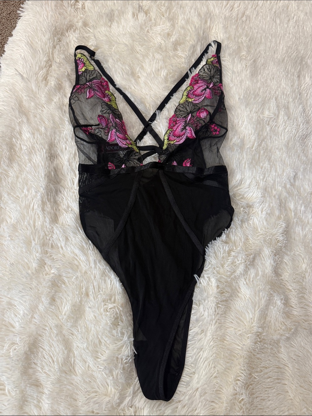Adore Me Black Sheer Bodysuit with Pink Floral Embroidery